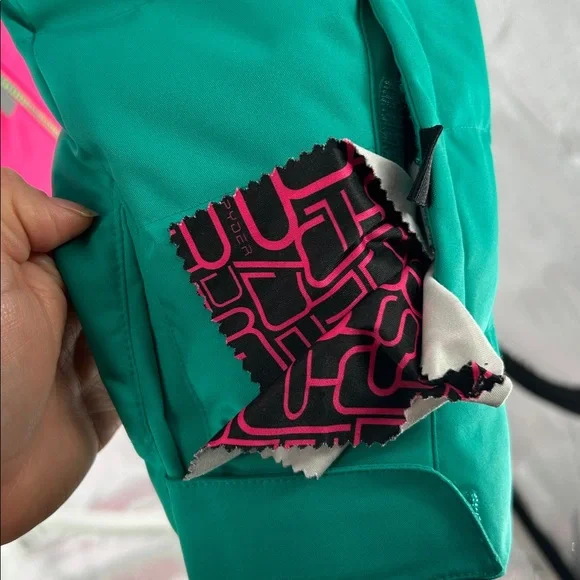 Spyder Girls Insulated Ski Jacket Pink Green Faux Fur Hood Size 16 - Picture 7 of 16